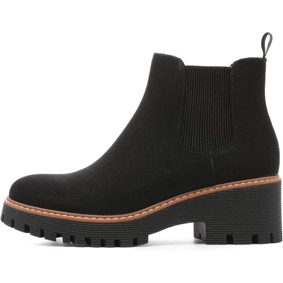 Womens Black Suede Leather Low Wedge Heel Slip On Chunky Platform Ankle Boots - Picture 2 of 6